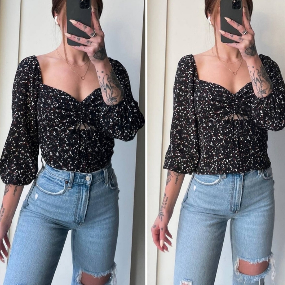 Long-Sleeve Cinched Front Cutout Top
